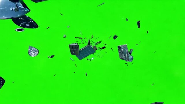Space debris fragments float on a green screen, symbolizing the danger and pollution in space