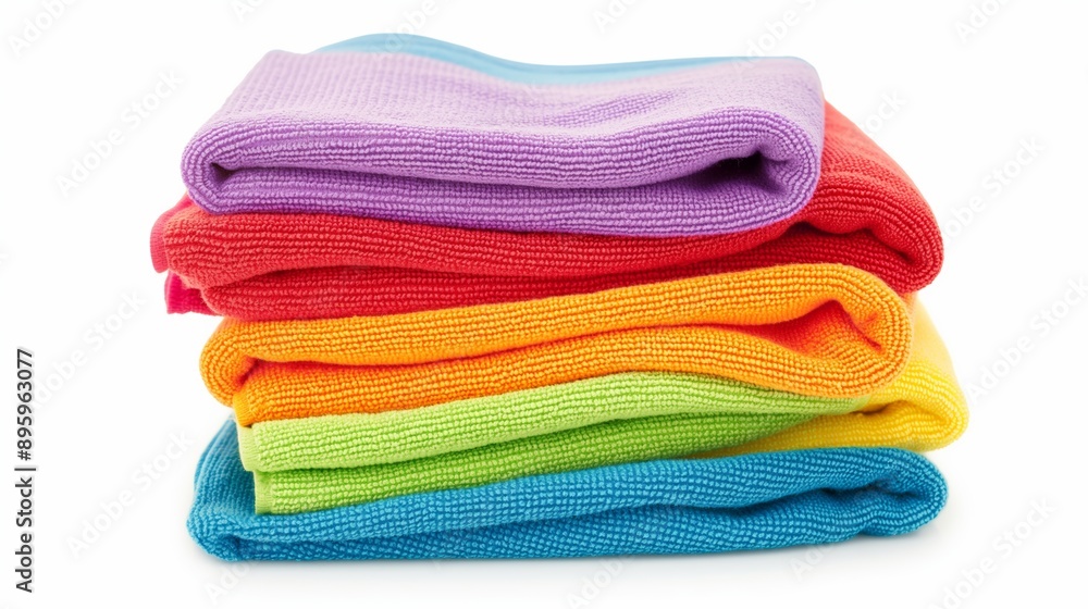 Poster a stack of colorful towels. the towels are in a rainbow order. the towels are stacked on top of each