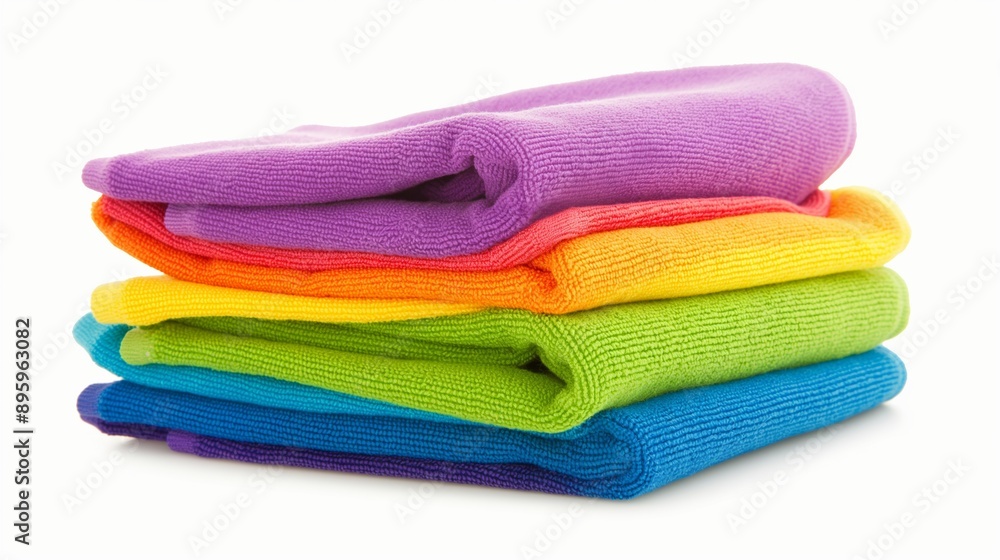 Poster a stack of colorful towels with a white background. the towels are arranged in a rainbow pattern, wi