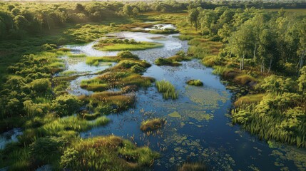 Detailed view of a wetland ecosystem, highlighting marshes, swamps, bogs, and their importance in water filtration and wildlife habitat.