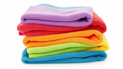 A stack of colorful towels. The towels are in a rainbow order. The towels are stacked on top of each other