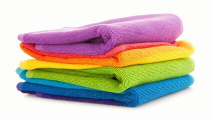 A stack of colorful towels with a white background. The towels are arranged in a rainbow pattern, with the lightest color on the bottom and the darkest on top. Concept of warmth and comfort