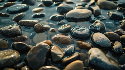 Water flowing around smooth wet rocks on a beach, creating a calming and peaceful scene