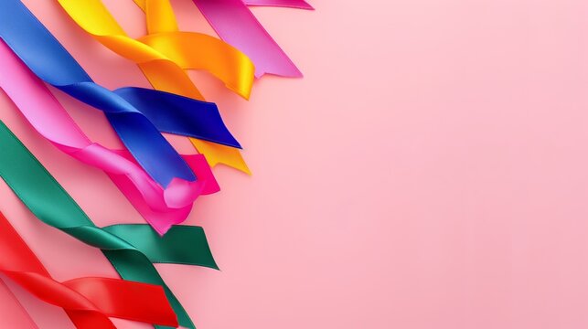 A row of ribbons in various colors are arranged in a row. The ribbons are of different colors and sizes, and they are arranged in a way that they look like they are tied together