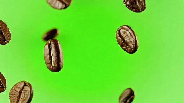 Coffee beans floating on a green screen background, symbolizing caffeine boost, cafe
