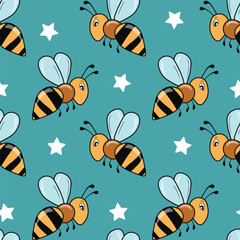 Seamless pattern with bees on color background. Small wasp. Vector illustration. Adorable cartoon character. Template design for invitation, cards, textile, fabric. Doodle style