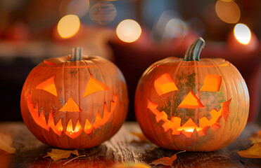 Fototapeta premium close up of carved halloween pumpkins on table