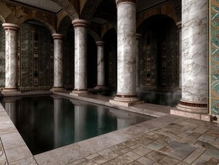 An ancient Roman bathhouse with marble columns, steaming pools, and intricate mosaics