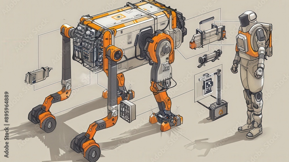 Poster diagram of a robotic system for hazardous environment operations, showing its protective features an