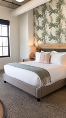A white bedroom with a large bed, a bedside table, and two lamps. The room has large windows that offer a view of the ocean and a palm tree