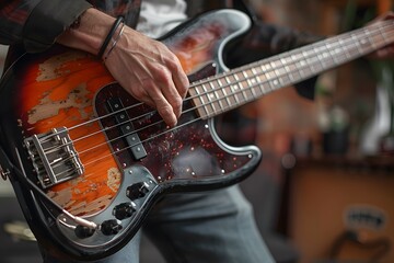 Fototapeta premium Captivating Close-Up of a Musician Playing a Vintage Bass Guitar