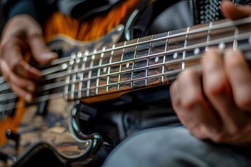 Obraz premium Close-Up of a Musician Playing an Electric Bass Guitar