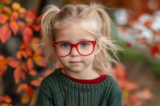 Little girl with red glasses and a green sweater in an autumn setting.
