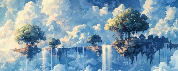 A watercolor painting of a dreamlike landscape with floating islands, waterfalls flowing upwards, and trees with roots reaching towards the sky.