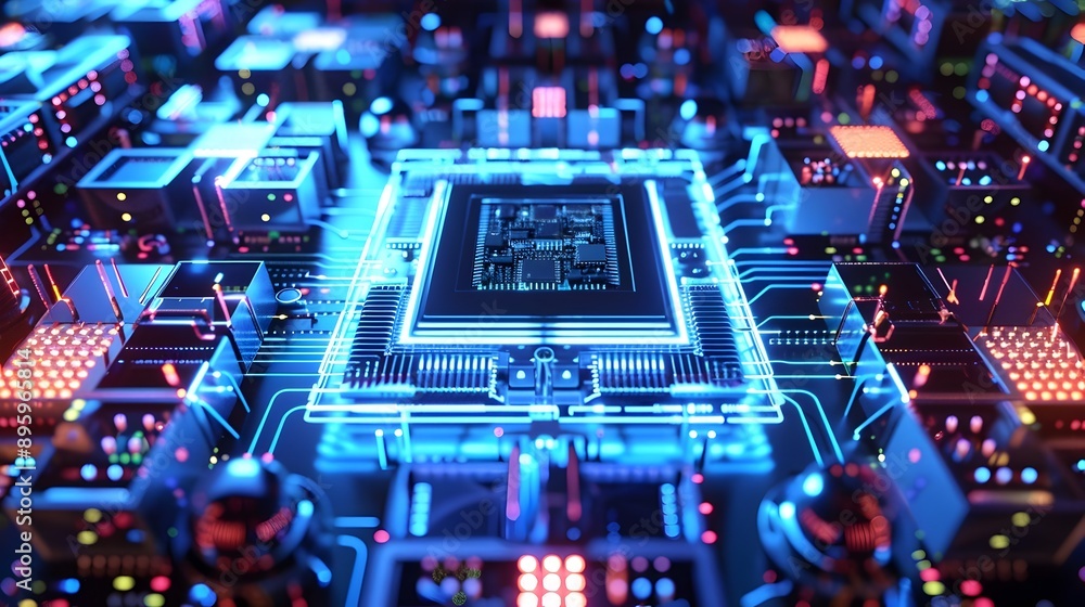 Poster intricate quantum computer architecture with cool blue lighting