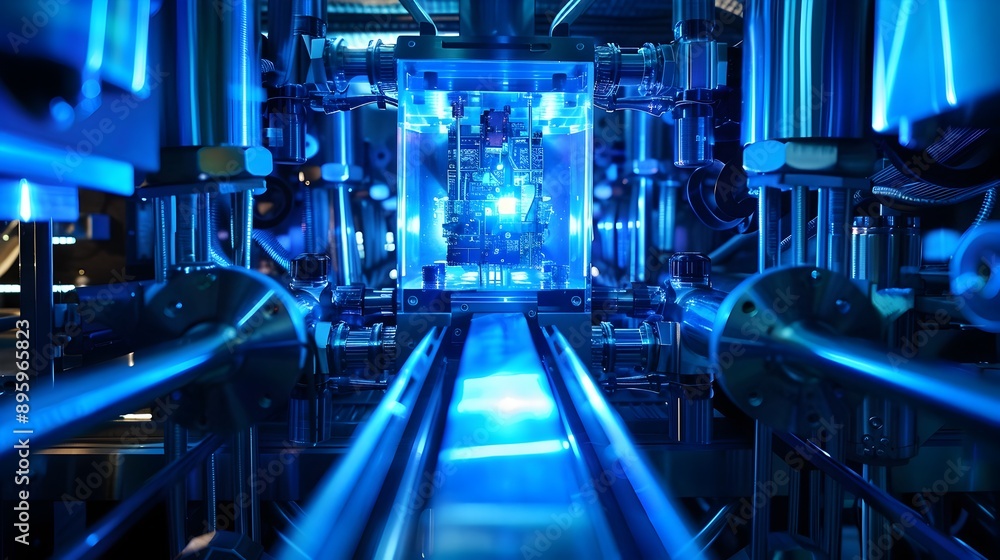 Poster futuristic quantum computer with complex architecture and cool blue lighting
