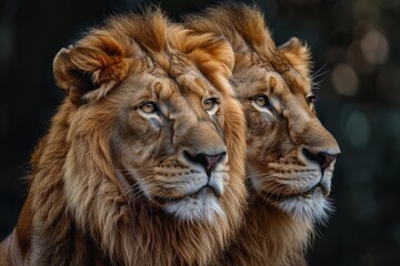 Fototapeta premium Tender moment between two lions showing affection in a lush, green environment.