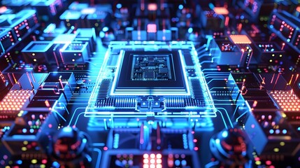 Intricate Quantum Computer Architecture with Cool Blue Lighting