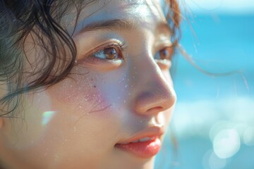 Under the blue sky and white clouds, a Japanese and Korean girl looks at the close-up of the sun on the beach, with exquisite makeup and Japanese style ​