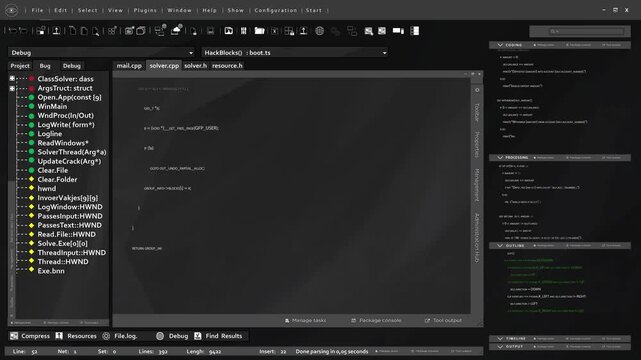 Sleek modern UI displaying real time animations of programming code being typed and executed. 3D rendering of coding application UI used by IT developers writing and testing code