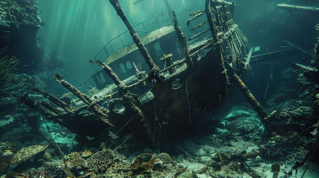 Haunting and Beautiful Image of an Underwater Shipwreck with Marine Life and Sunlight Beams