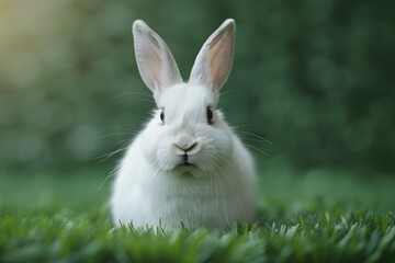 Obraz premium Adorable white rabbit sitting on lush green grass with a soft background.