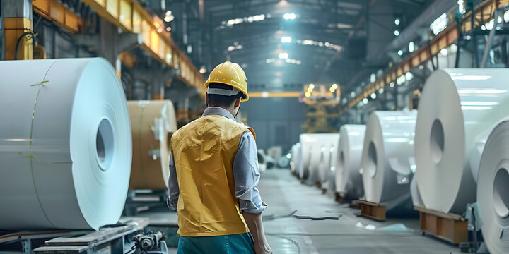 Industrial worker in pulp paper plant emphasizing safety and production processes.&nbsp;