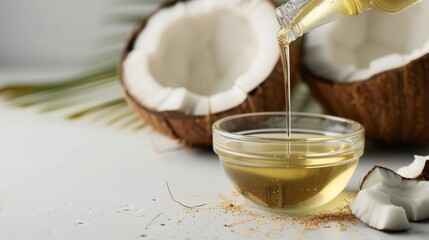 Pouring organic coconut oil into a small bowl, white backdrop, space for text, culinary use
