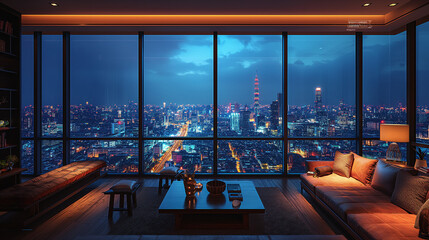 City night view, french window, luxury suites, leather sofas, coffee tables, high-rise lights, modern cities, telephoto lenses, night view mode, low light environment, star effect, tranquility, and a 