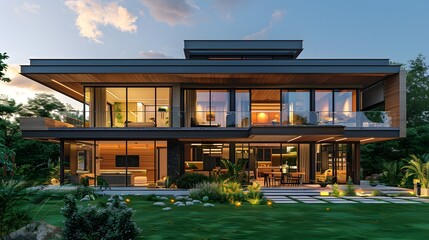 Fototapeta premium Modern luxury villa, contemporary architecture, floor-to-ceiling windows, wooden exterior, flat roof design, expansive lawn, ornamental grasses, vibrant blue sky, fluffy white clouds.