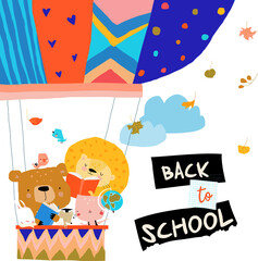 Happy Cartoon Animals flying to the School by Air Balloon. Vector Illustration