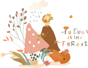 Fototapeta premium Cartoon Autumn Plants with Little Fox and Duckling. Vector illustration