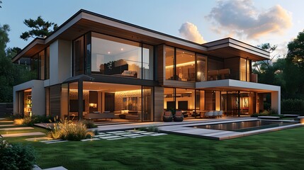 Fototapeta premium Modern luxury villa, contemporary architecture, floor-to-ceiling windows, wooden exterior, flat roof design, expansive lawn, ornamental grasses, vibrant blue sky, fluffy white clouds.