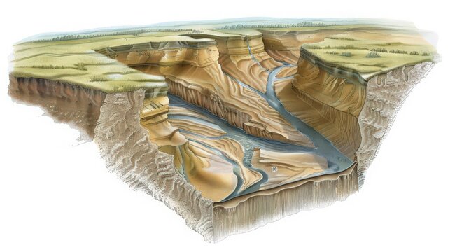 Diagram of an alluvial fan, showing how sediment is spread out in a fan shape by flowing water from a steep gradient