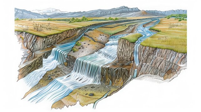 Diagram of an alluvial fan, showing how sediment is spread out in a fan shape by flowing water from a steep gradient