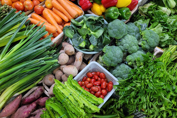 Fresh vegetables and fruits for sale in Asian farmer market stall