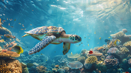 A beautiful sea turtle swimming in the ocean, surrounded by colorful coral reefs and tropical fish with clear blue water and sunlight creating shadows on the underwater scene.