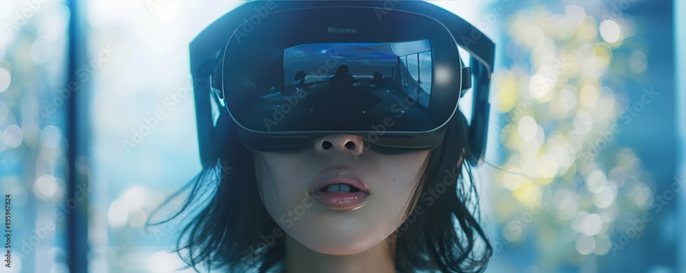 Poster a virtual reality headset transporting users to a different world, immersing them in a simulated env