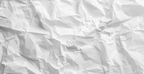 White crumpled paper background, white paper texture, crinkled paper pattern, white background, close-up, top view.