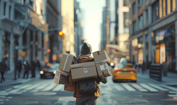 A harried delivery person navigates a bustling city on foot, balancing multiple packages and dodging pedestrians