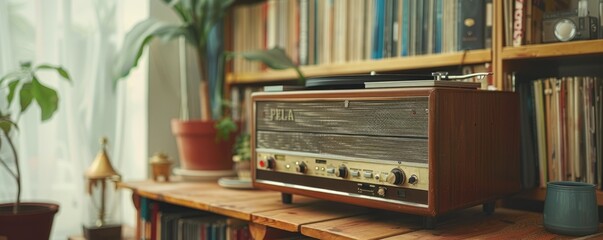 A vintage radio playing vinyl records, the music filling the room with a warm, nostalgic sound.