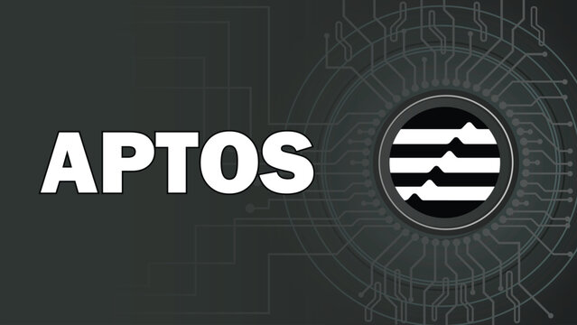 Aptos coin logo with crypto currency vector banner design illustration background. crypto currency theme technology background with circuit board, Aptos APT coin symbol and typography