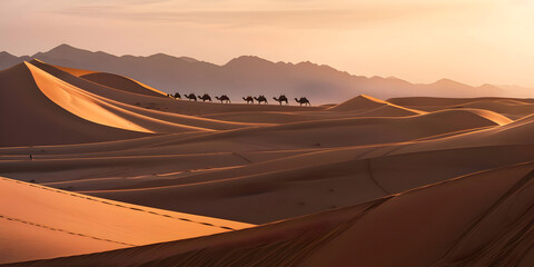 Camel Caravan Crossing Desert Dunes at Sunset - Illustration