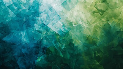 Serene Blue and Green Abstract Mosaic Background with Translucent Overlapping Shapes.