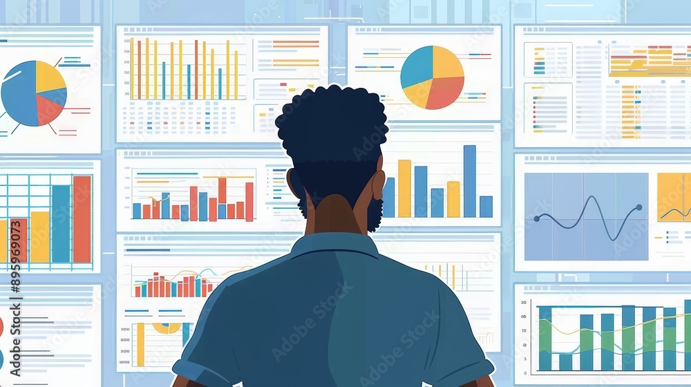 Poster data analysis - professional reviewing vibrant bar graphs and pie charts on digital dashboard for st