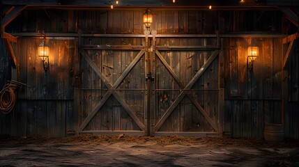 Obraz premium Rustic wooden barn doors, sliding mechanism, weathered wood texture, warm ambient lighting, hanging vintage lanterns, soft glow illumination, deep shadows.