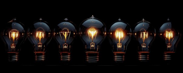 Row of vintage light bulbs glowing in the dark, creative ideas concept