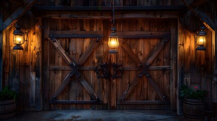Rustic wooden barn doors, sliding mechanism, weathered wood texture, warm ambient lighting, hanging vintage lanterns, soft glow illumination, deep shadows.