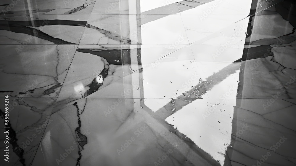 Poster abstract geometric pattern created by black and white marble tiles reflecting window in a modern bui