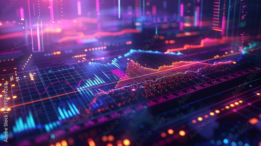 Poster data analysis: abstract minimalist illustration of vibrant line graphs on digital screen